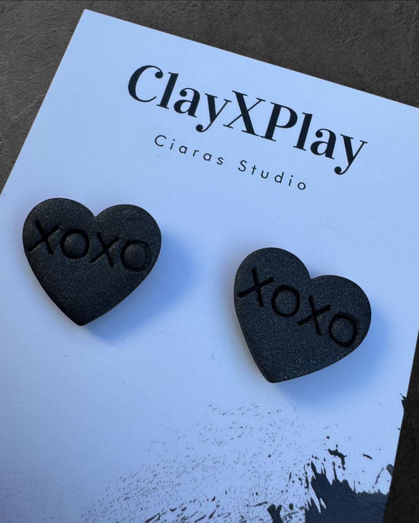 Conversation Heart XOXO Valentine’s Day, Medium Black Polymer Clay Stud Earrings Handmade