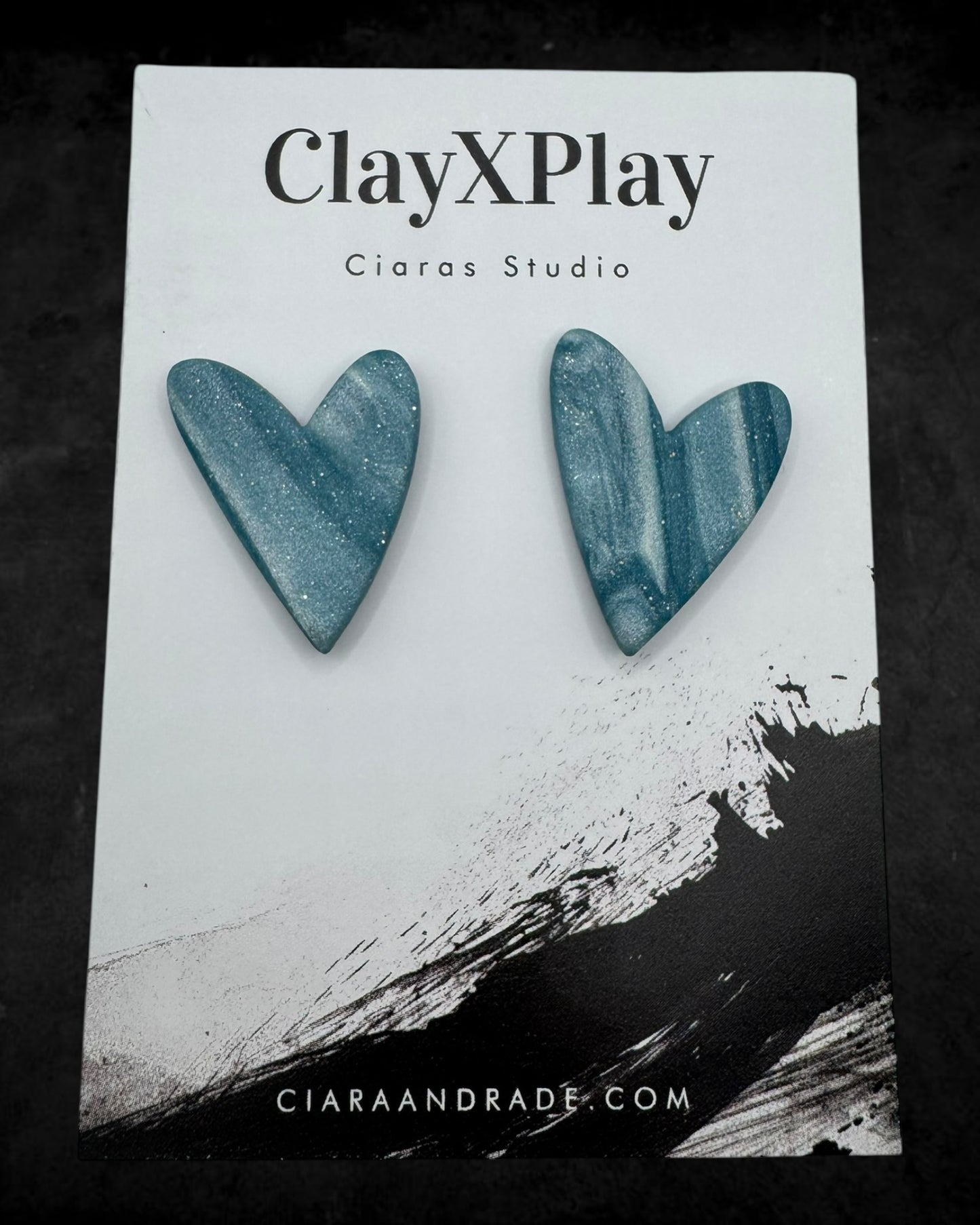 Blue & White Polymer Clay Heart Stud Earrings Handmade