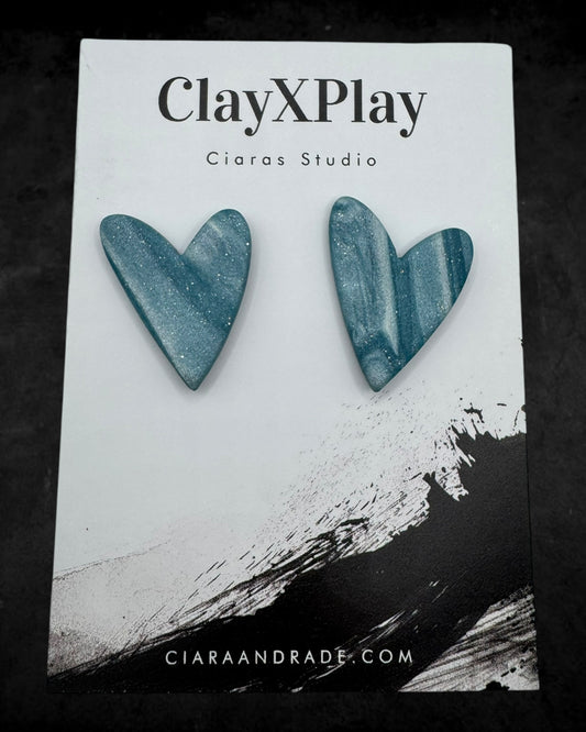 Blue & White Polymer Clay Heart Stud Earrings Handmade