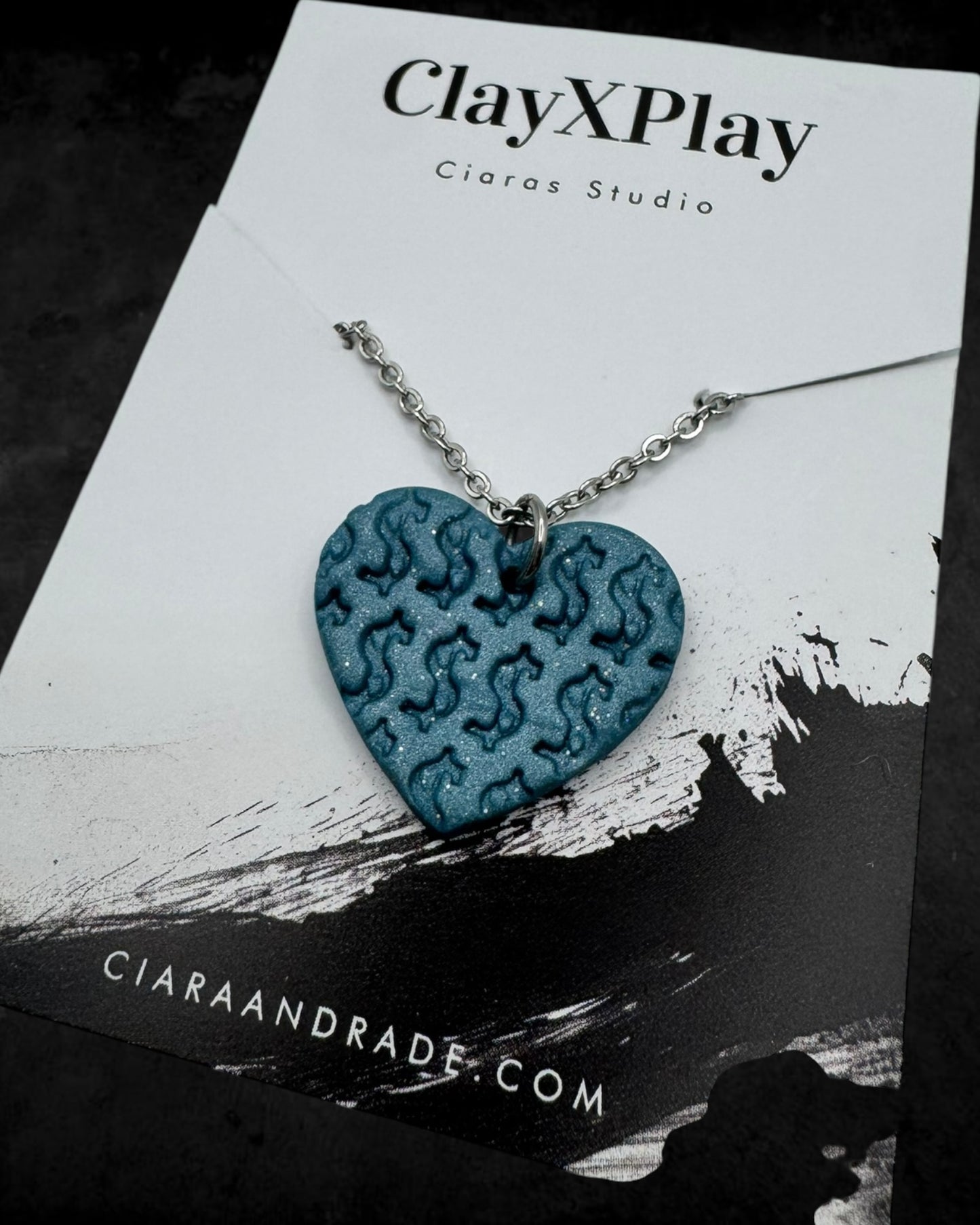 Money Magic Medium Blue Polymer Clay Pendant on Stainless Steel Necklace Handmade