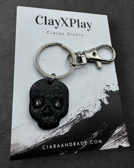 Diamond Eyes Skull Black Polymer Clay Keychain Handmade