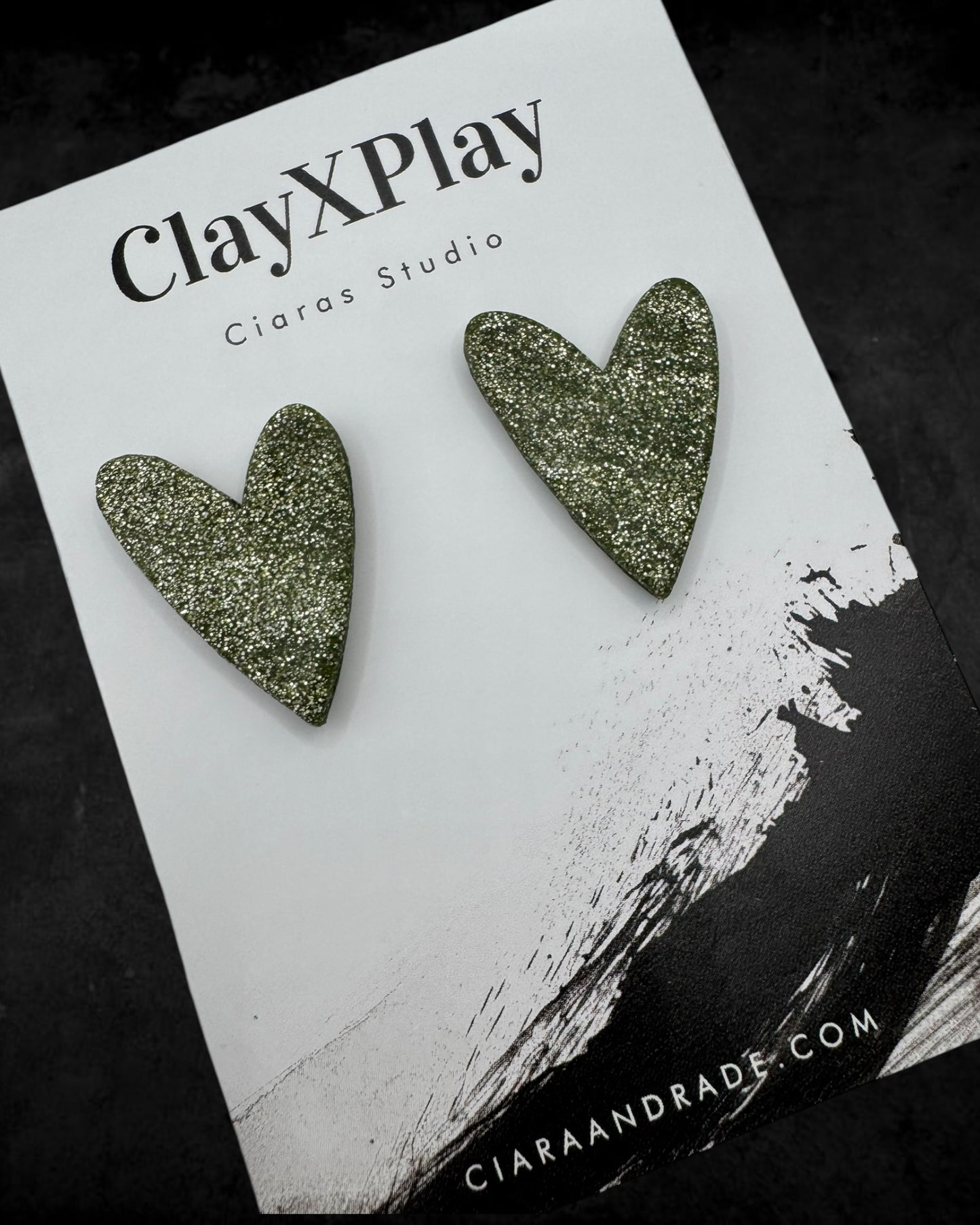 Green Glitter Large Green Polymer Clay Heart Stud Earrings Handmade