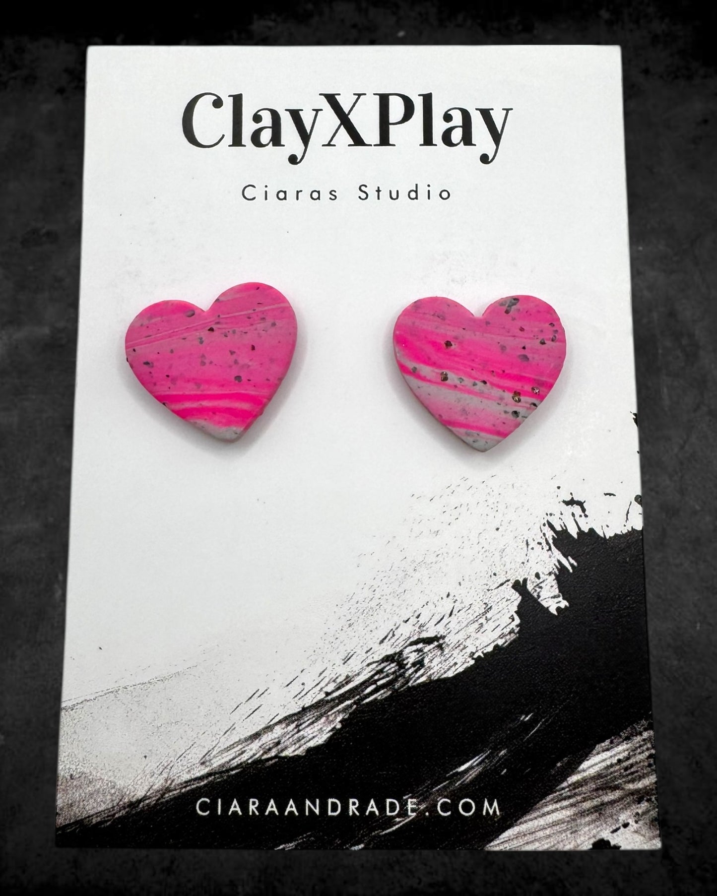 Pink & Gray Medium Polymer Clay Heart Studs Handmade