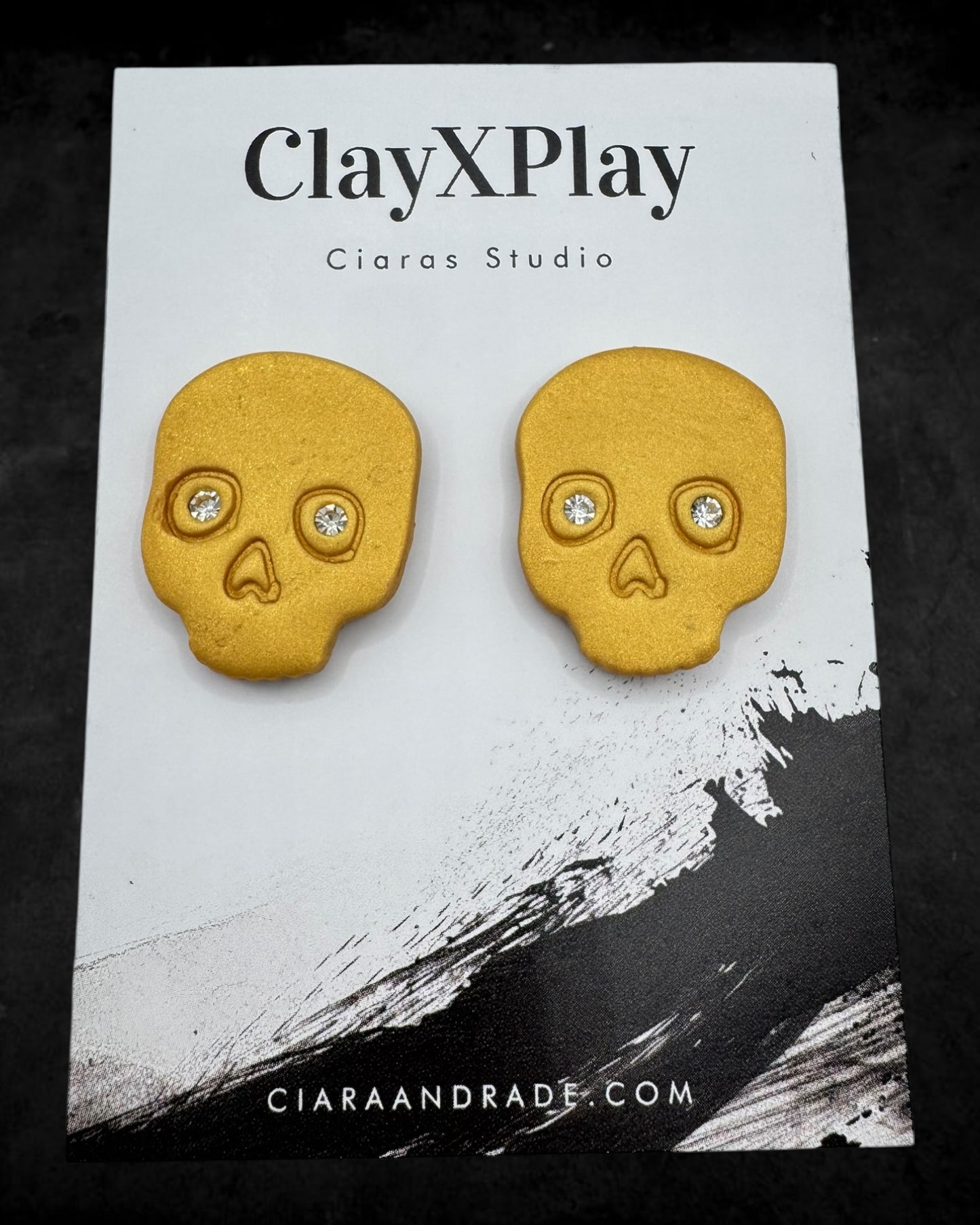 Diamond Eye Skull Gold XL Polymer Clay Stud Earrings Handmade