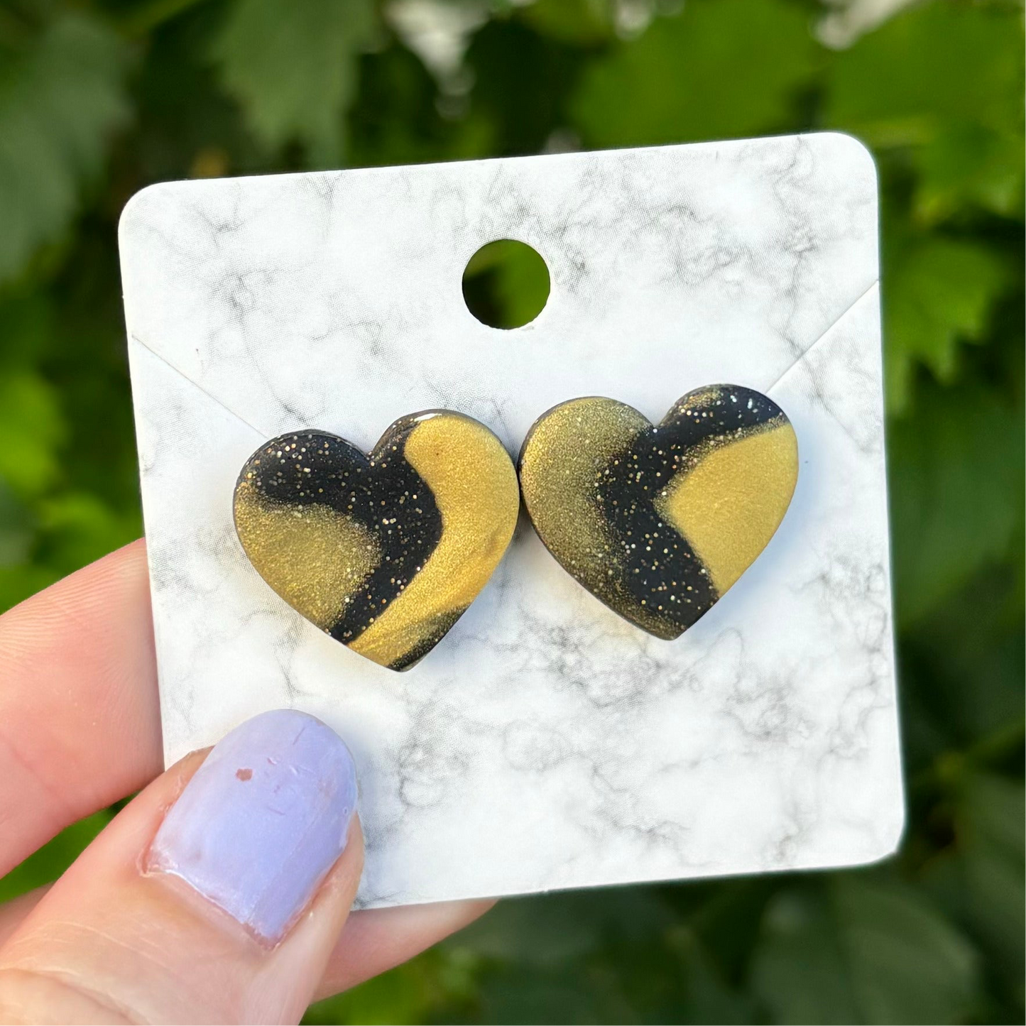 Black & Gold Polymer Clay Heart Stud Earrings – Medium Handmade