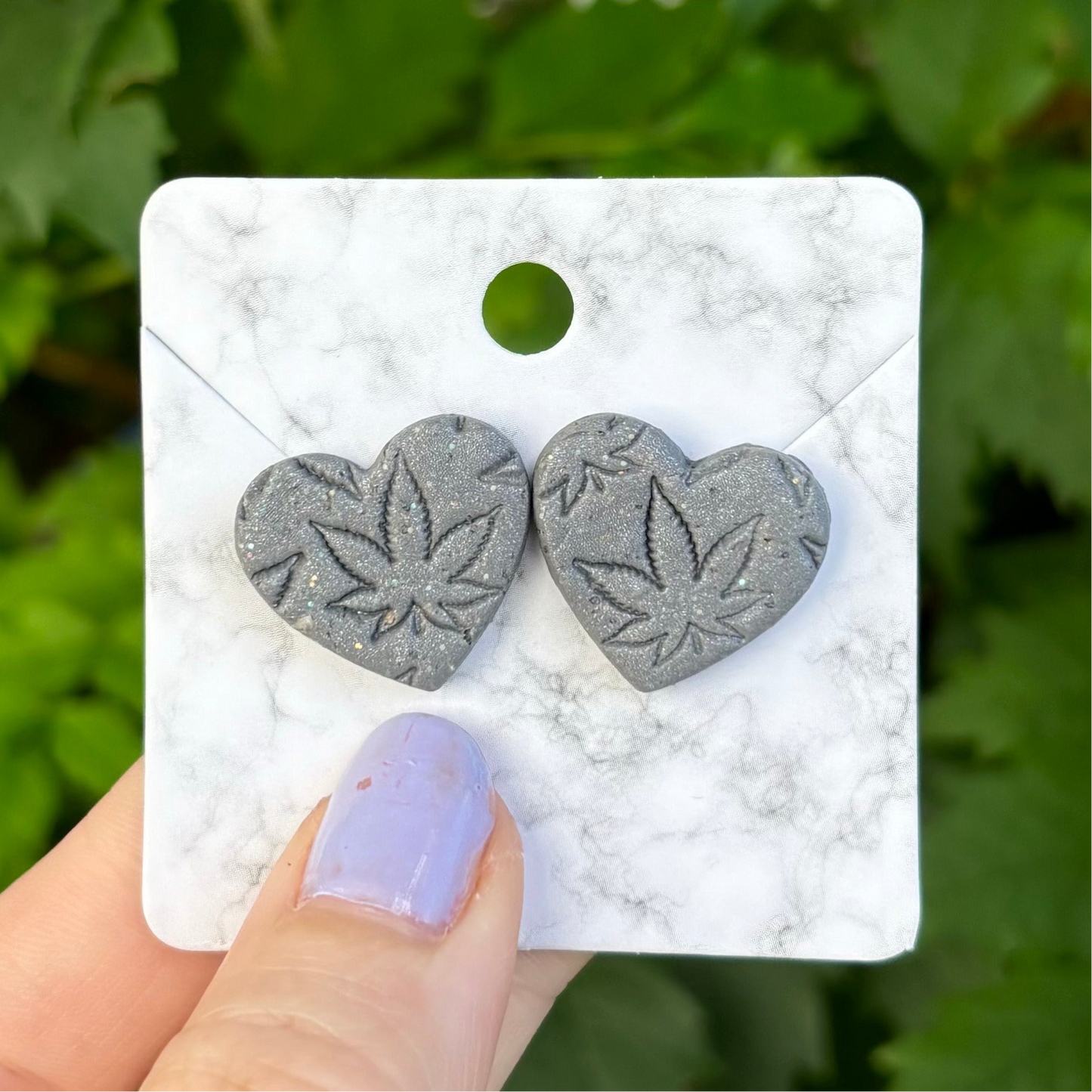 Medicated 420 Medium Gray Polymer Clay Heart Stud Earrings – Handmade