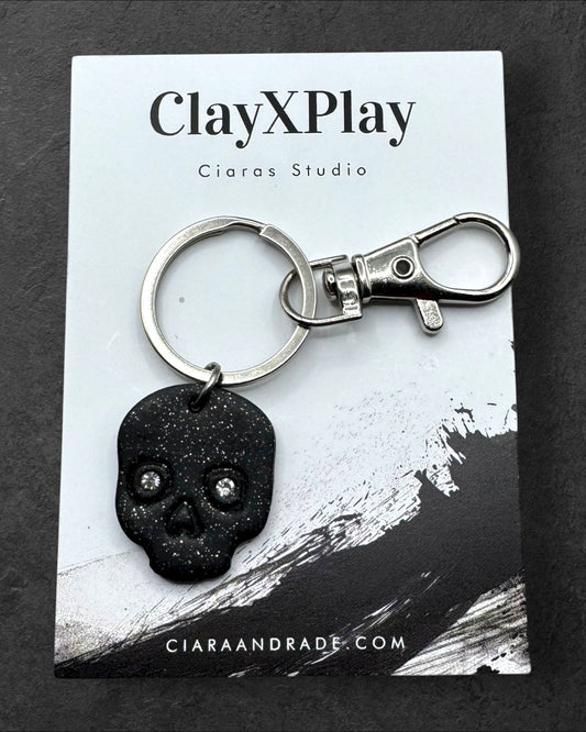 Diamond Eyes Skull Black Polymer Clay Keychain Handmade
