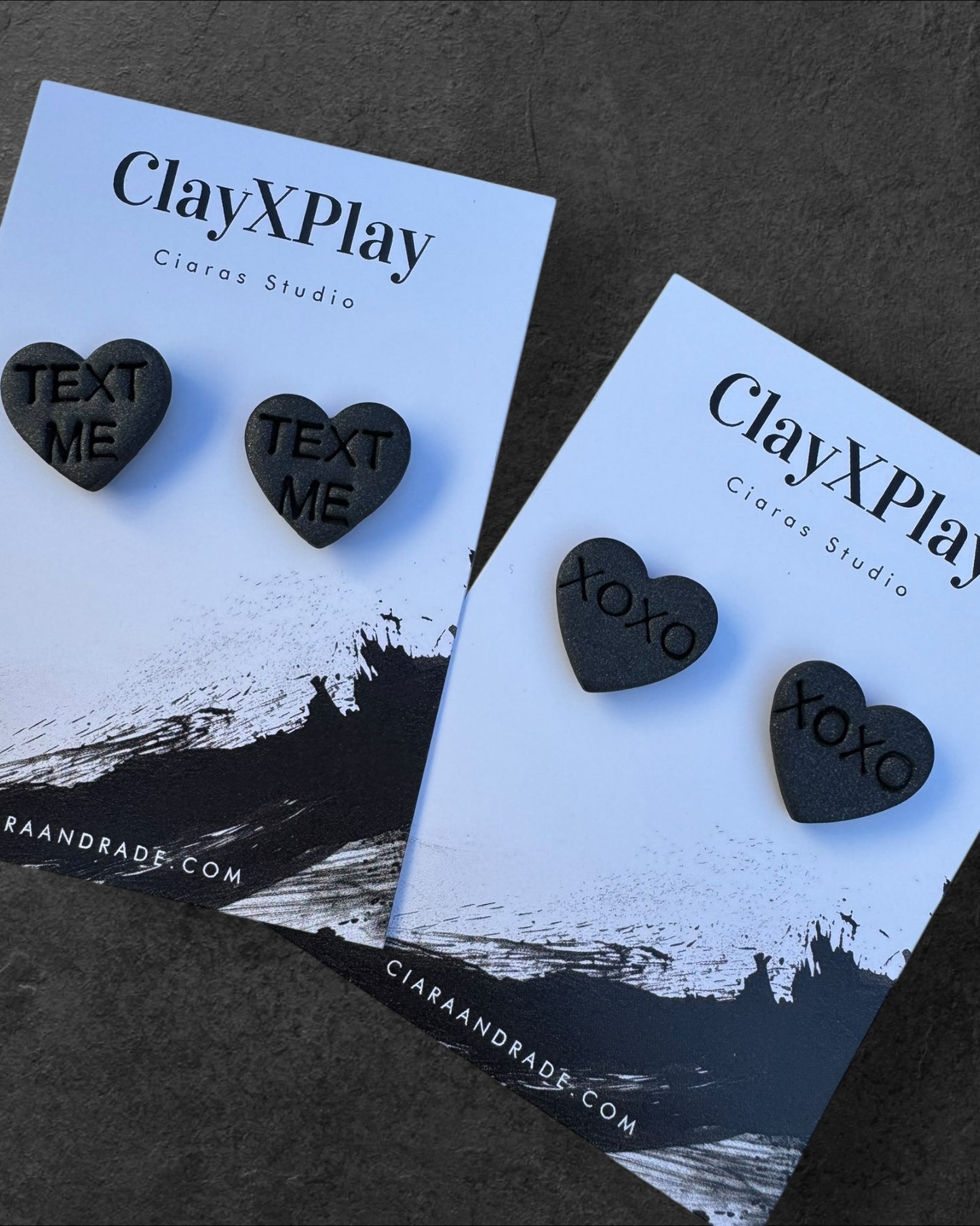 Conversation Heart TEXT ME Valentines Day Medium Black Polymer Clay Heart Stud Earrings – Handmade