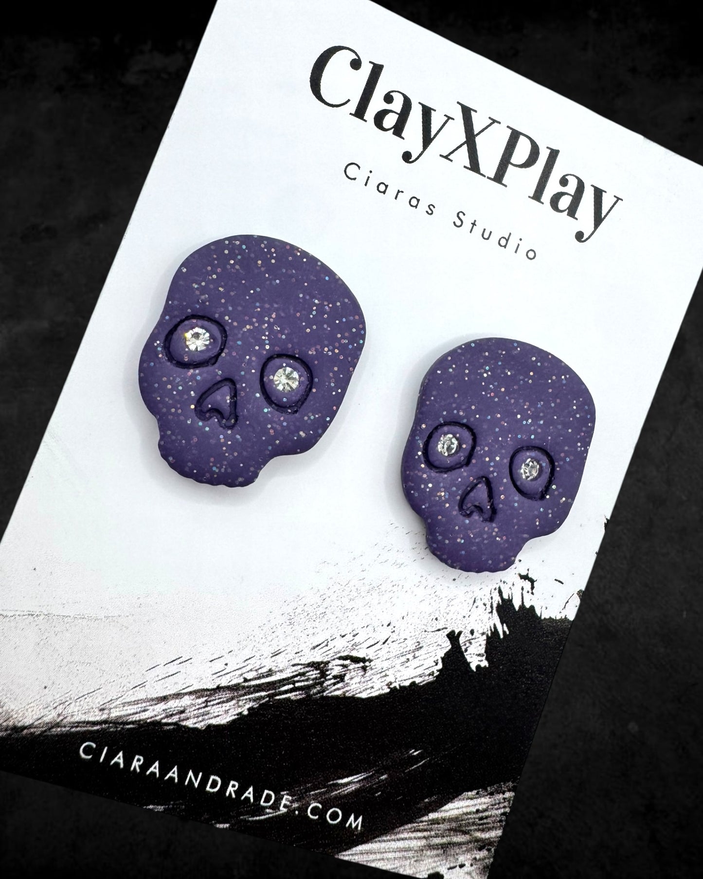 Diamond Eye Skull Purple XL Polymer Clay Stud Earrings  Handmade