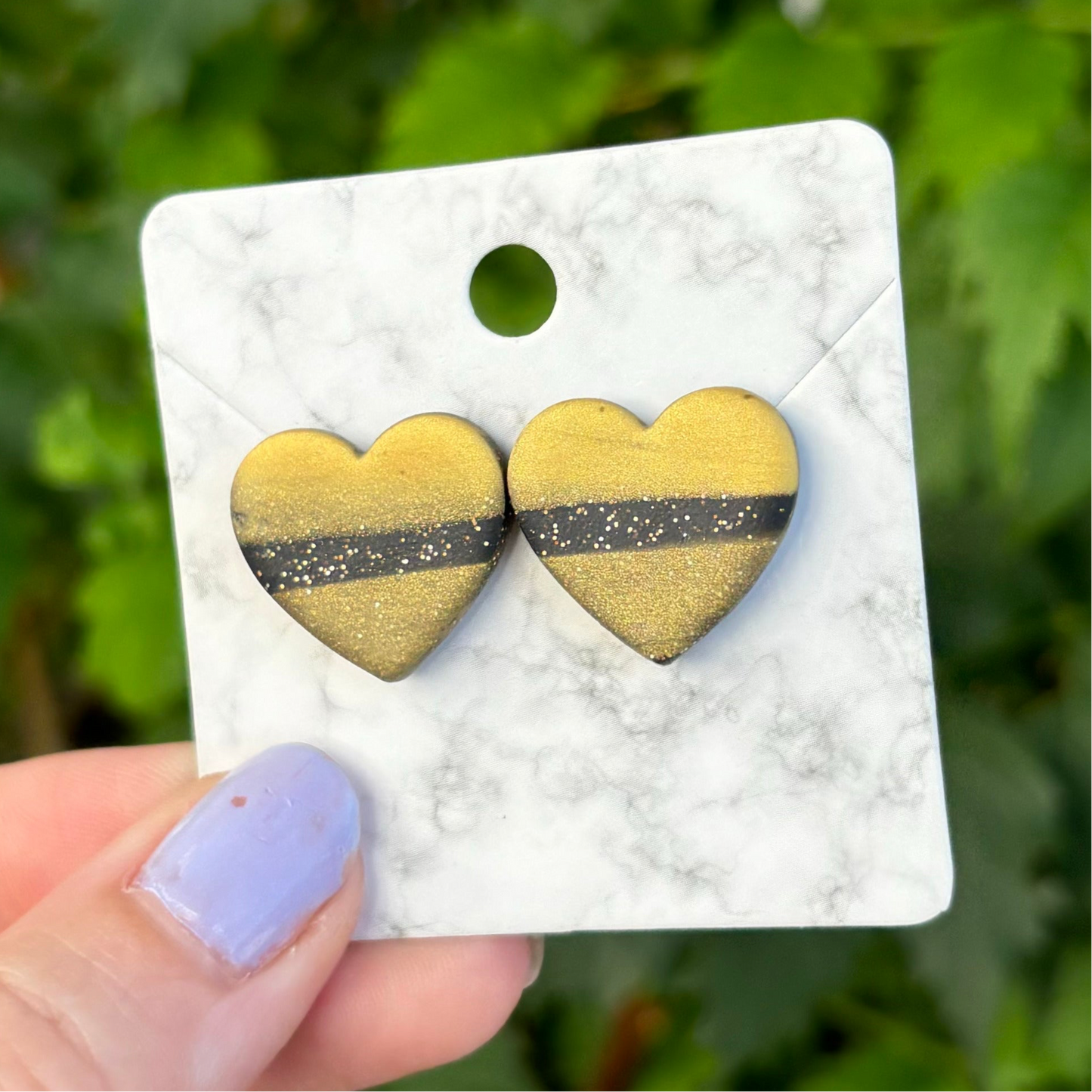 Black & Gold Polymer Clay Heart Stud Earrings – Medium Handmade