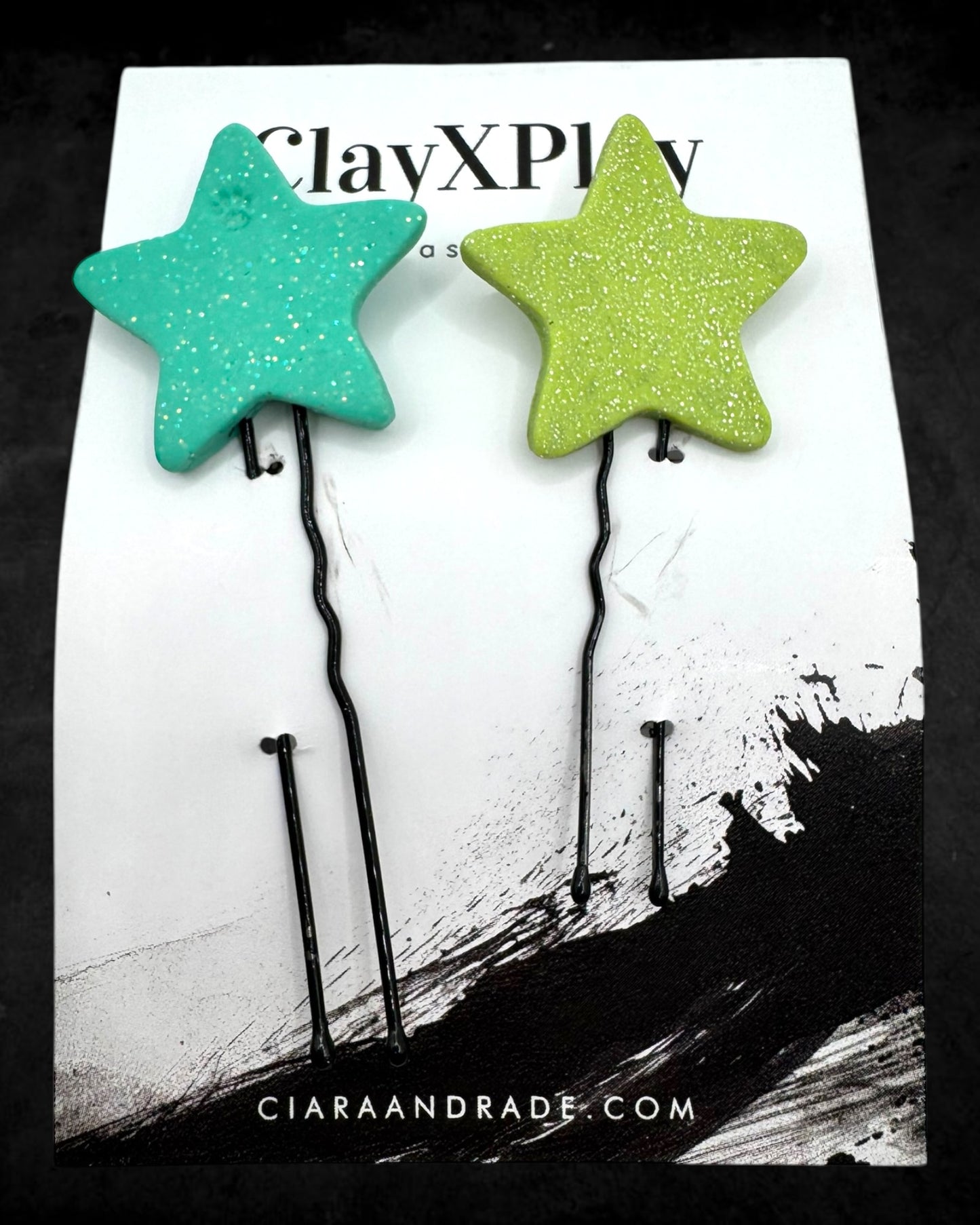 Star Green & Teal Polymer Clay Hair Pins Handmade
