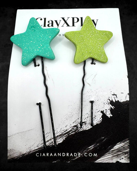 Star Green & Teal Polymer Clay Hair Pins Handmade