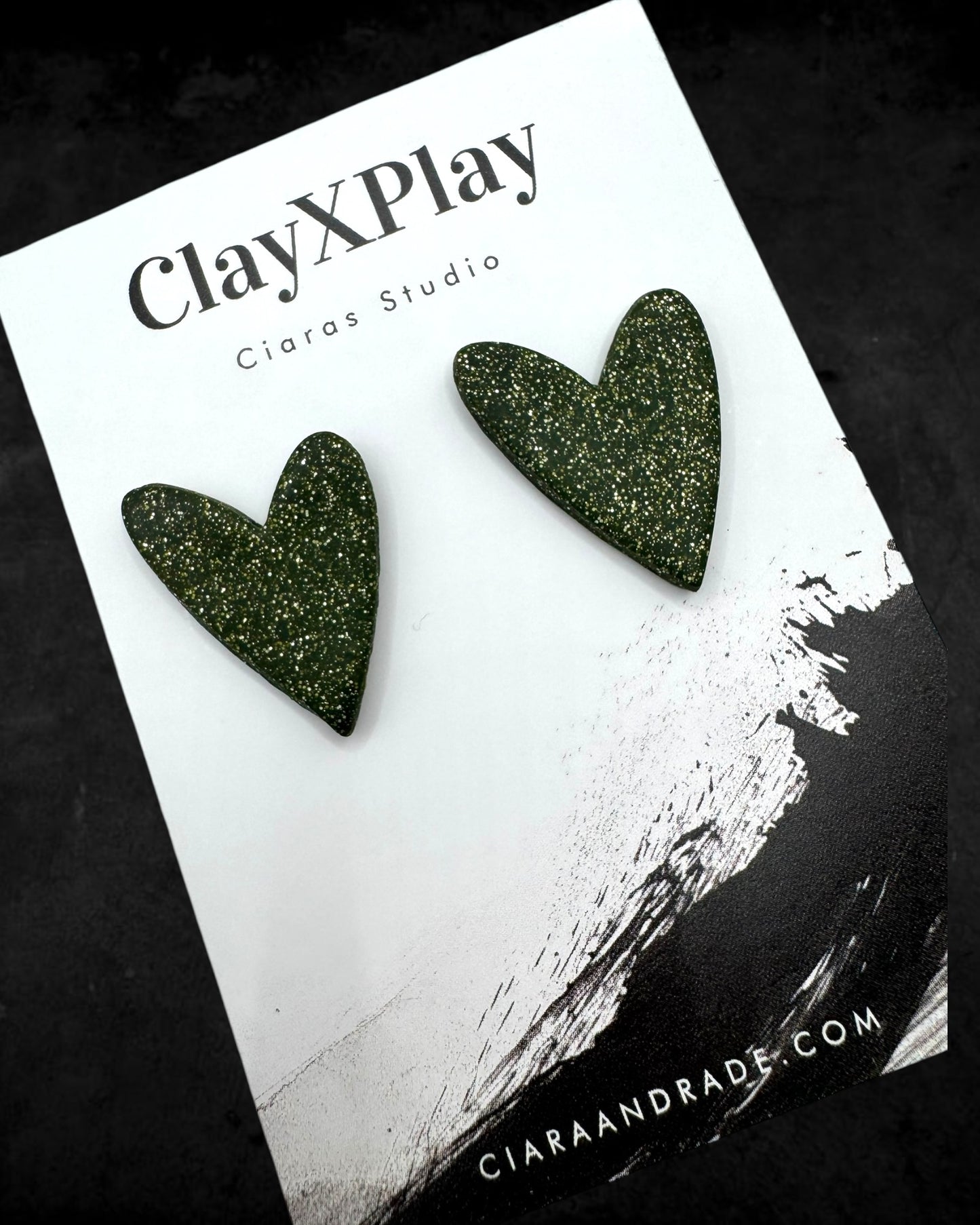Green Glitter Large Green Polymer Clay Heart Stud Earrings Handmade