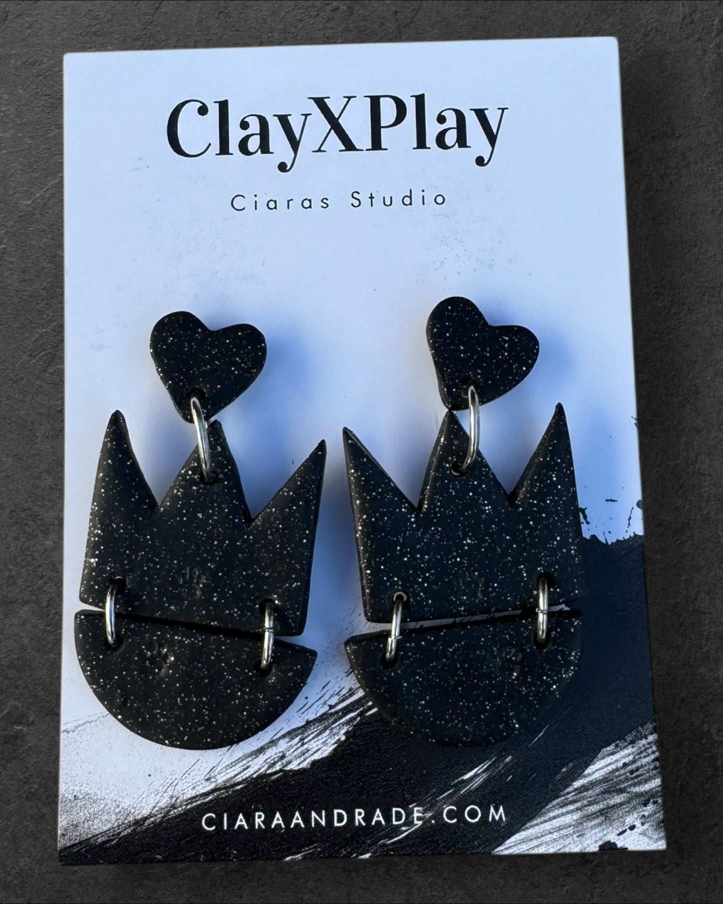 Queen of Heart XL Black Polymer Clay Dangle Earrings Handmade