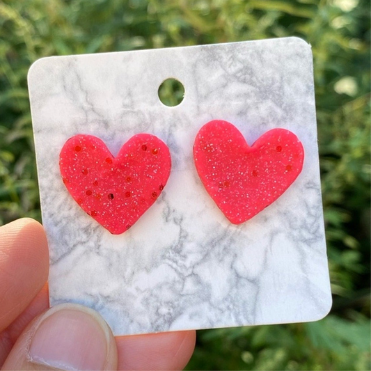 Pink & Red Glitter Medium Polymer Clay Heart Studs Handmade