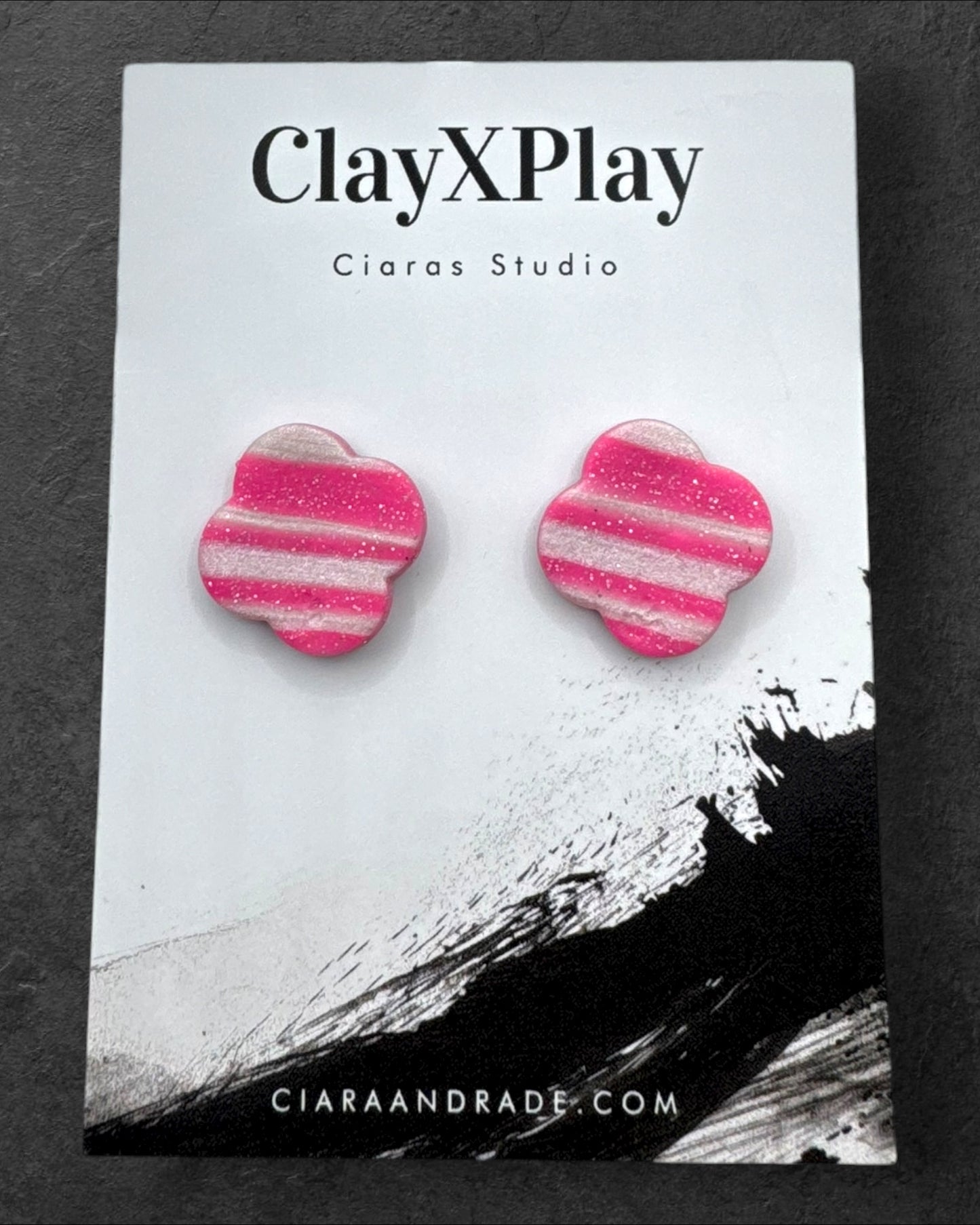 Pink‎ and White Striped Flower Polymer Clay Stud Earrings Handmade Handcrafted