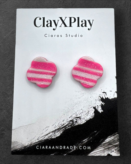 Pink‎ and White Striped Flower Polymer Clay Stud Earrings Handmade Handcrafted