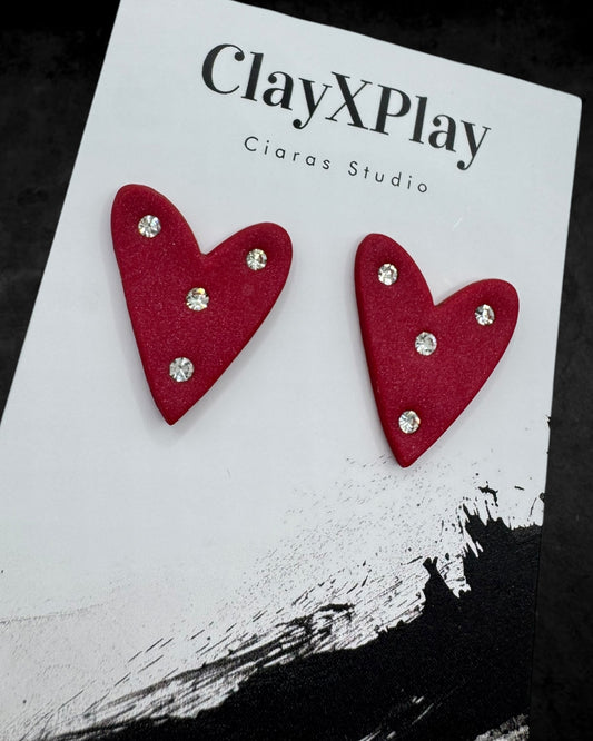 Red Diamond Medium Polymer Clay Heart Stud Earrings Handmade