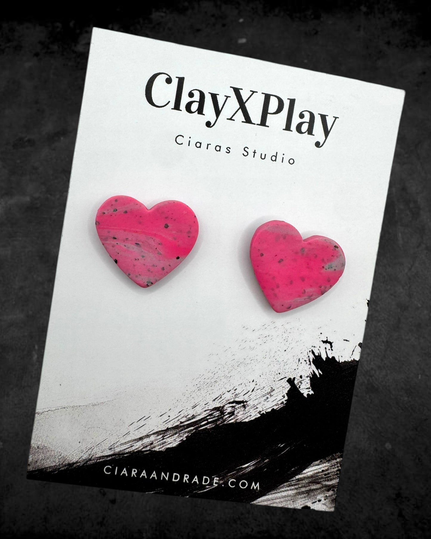 Pink & Gray Medium Polymer Clay Heart Studs Handmade
