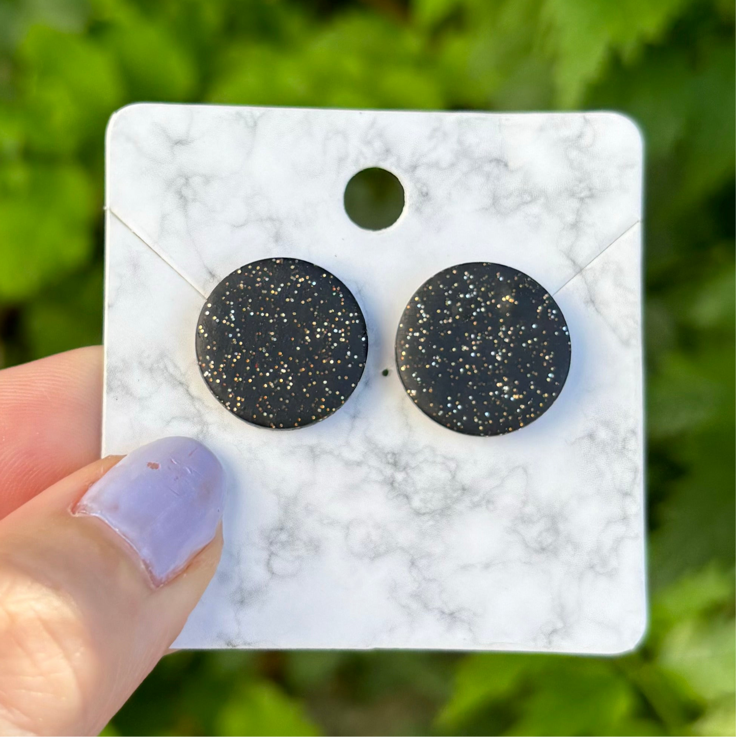 Black Glitter Medium Polymer Clay Round Stud Earrings