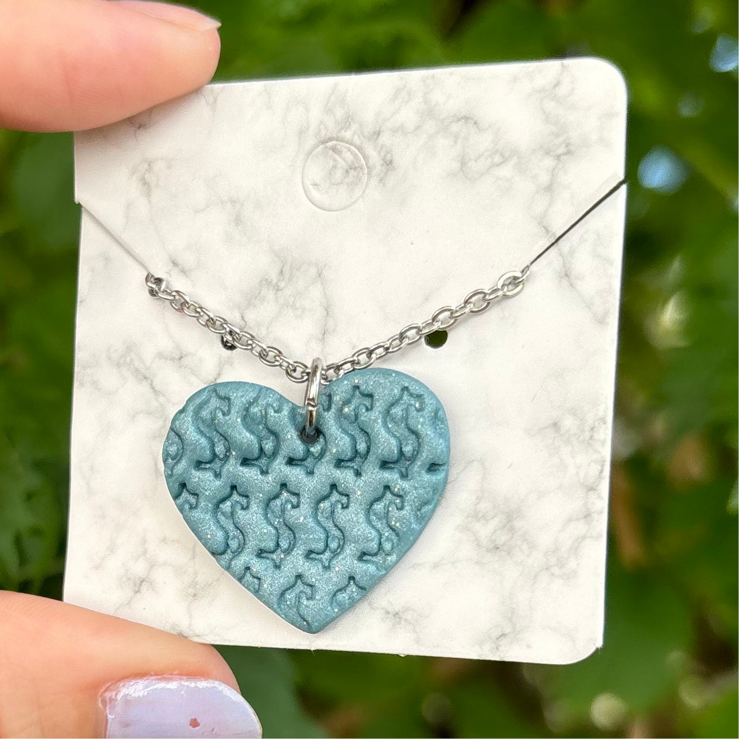 Money Magic Medium Blue Polymer Clay Pendant on Stainless Steel Necklace Handmade