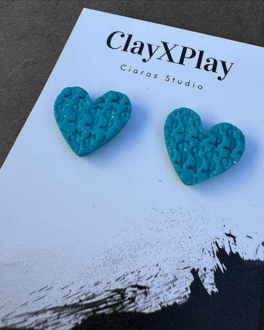 Money Magic Medium Blue Polymer Clay Heart Stud Earrings  Handmade