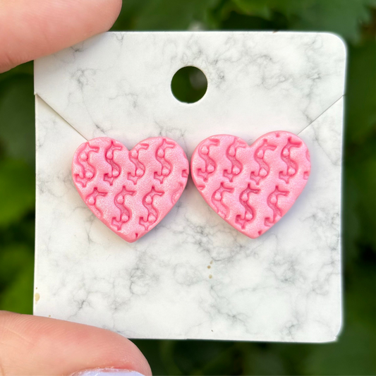 Money Magic Pink Medium Polymer Clay Heart Stud Earrings Handmade