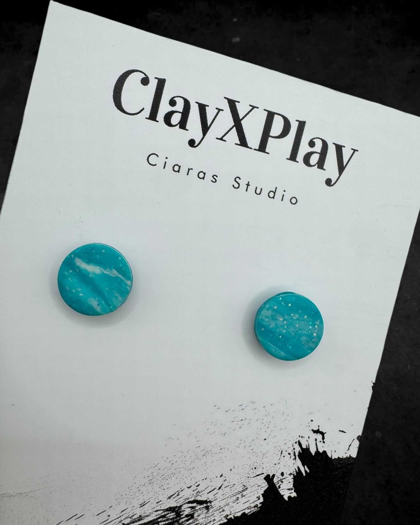 Teal & White Small Round Polymer Clay Stud Earrings Handmade