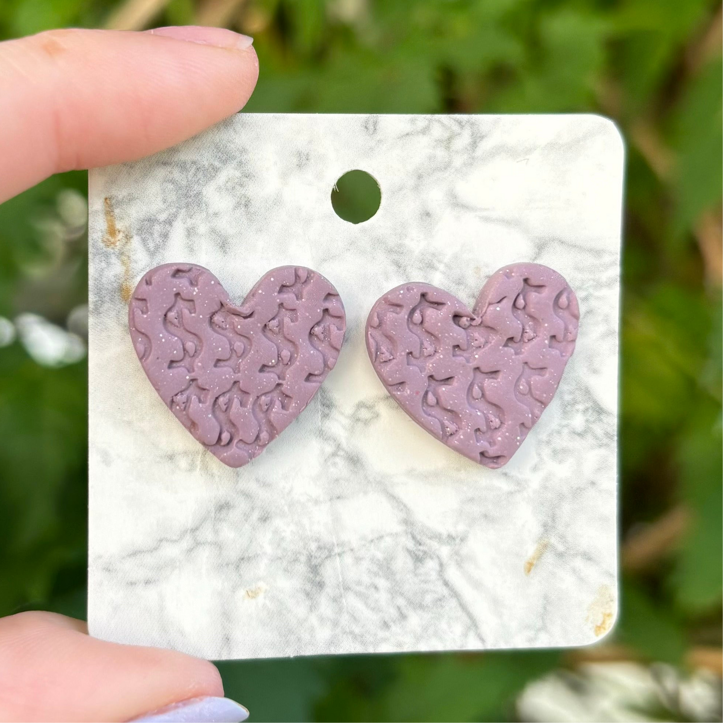 Money Magic Purple Medium Polymer Clay Heart Stud Earrings Handmade