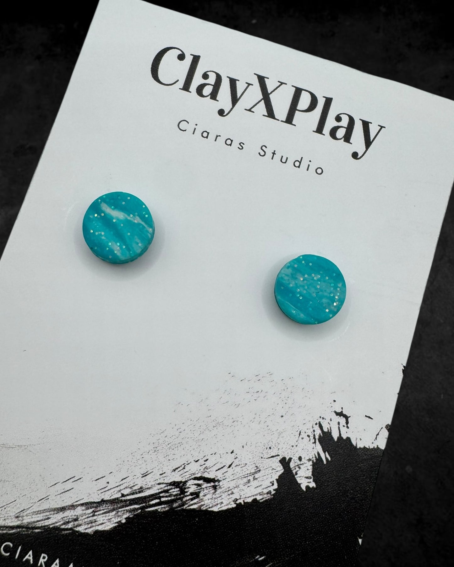 Teal & White Small Round Polymer Clay Stud Earrings Handmade