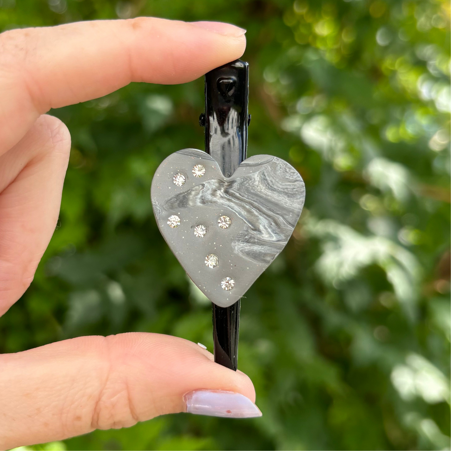 Marbled Gray & White Diamond Polymer Clay Heart Hair Clip  – Handmade Hair Accessory