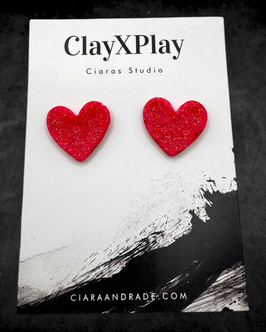 Pink & Red Glitter Medium Polymer Clay Heart Studs Handmade