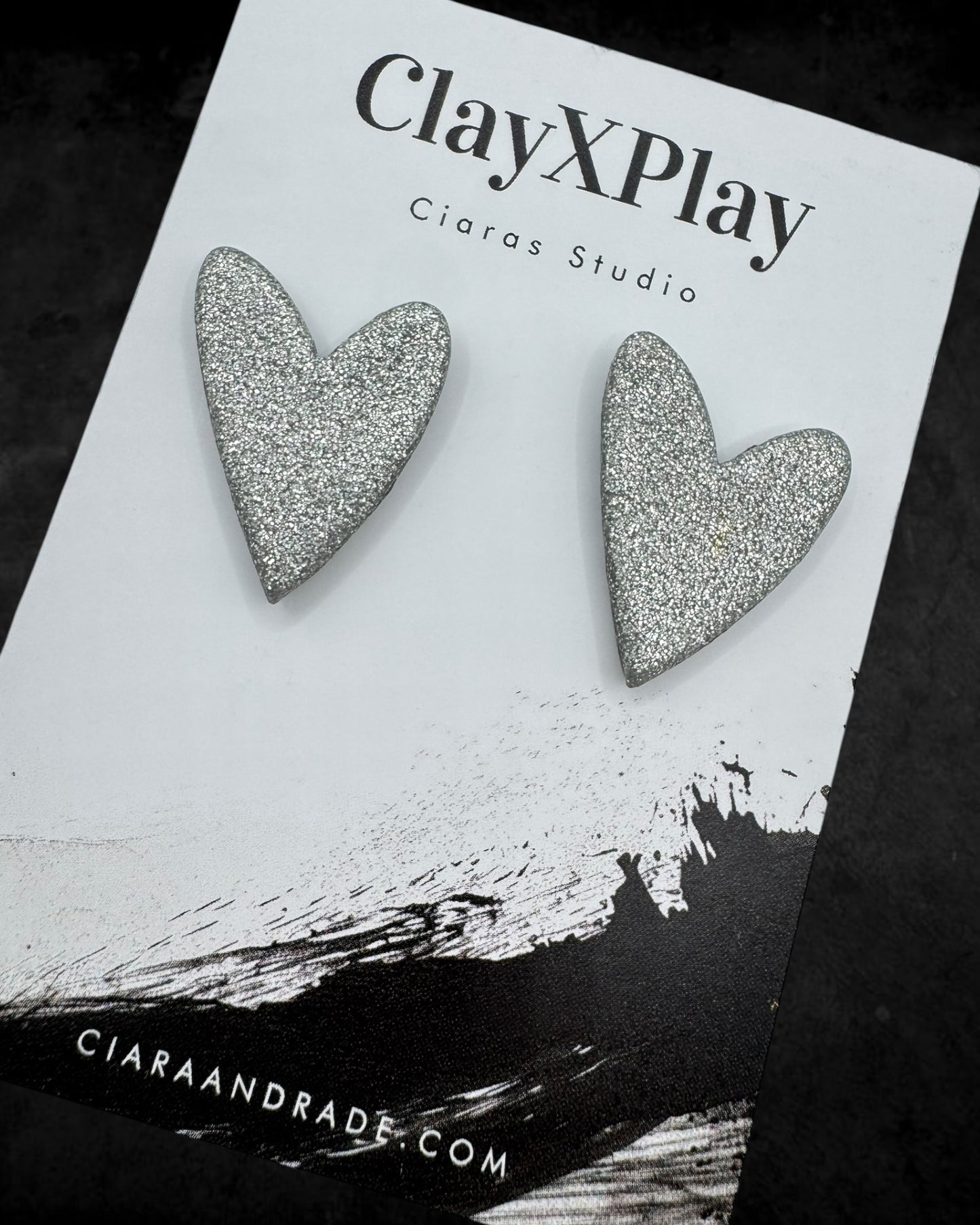Silver Medium Polymer Clay Heart Stud Earrings Handmade