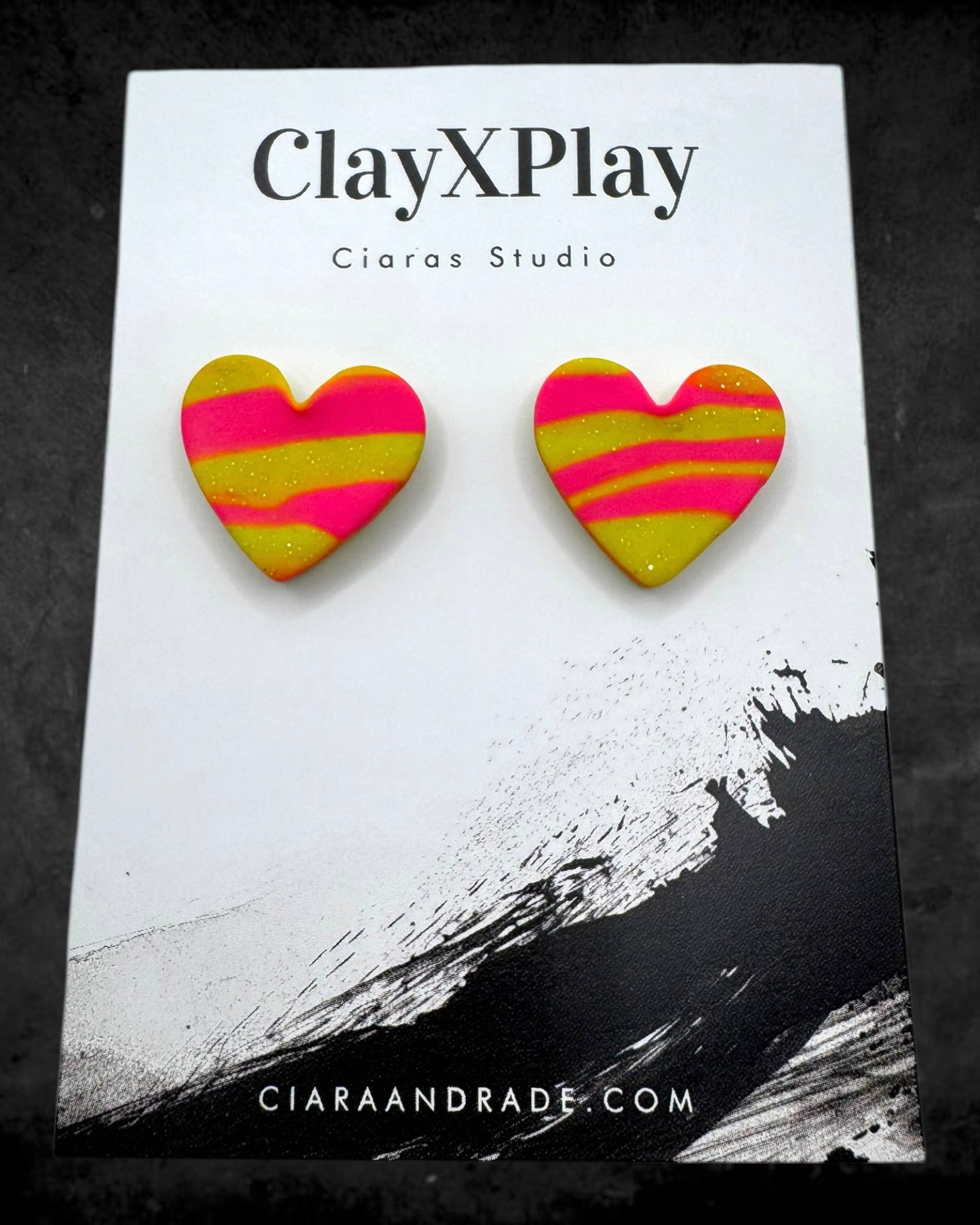 Pink & Yellow Medium Polymer Clay Heart Studs Handmade