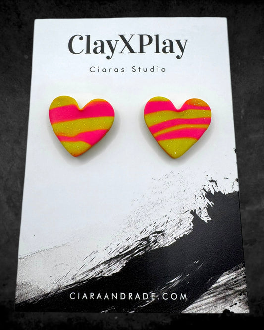 Pink & Yellow Medium Polymer Clay Heart Studs Handmade
