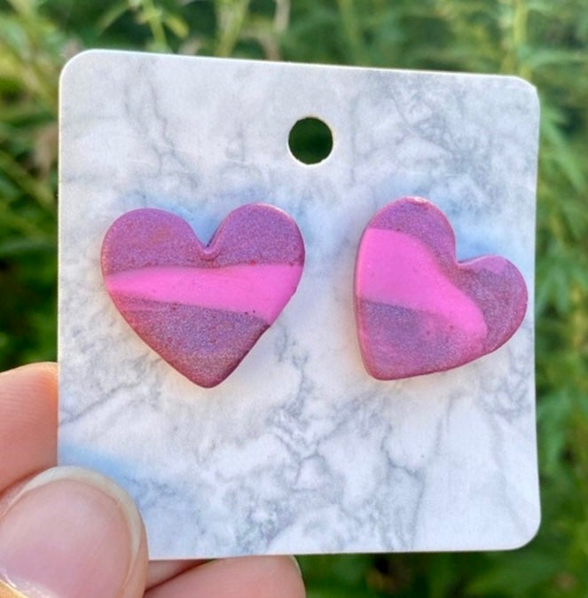 Pink Swirl Medium Polymer Clay Heart Stud Earrings Handmade