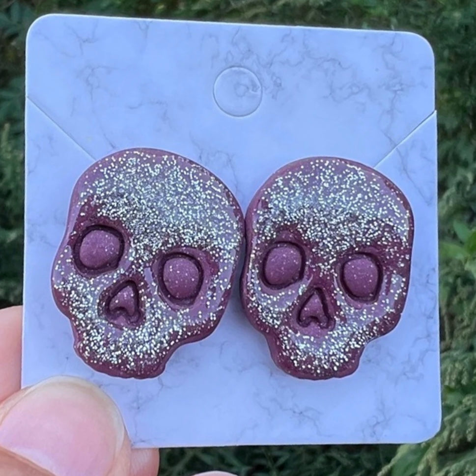 Silver Glitter Red Skull XL Polymer Clay Stud Earrings Handmade