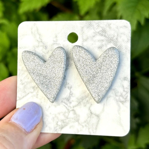 Silver Medium Polymer Clay Heart Stud Earrings Handmade