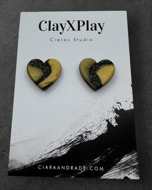 Black & Gold Polymer Clay Heart Stud Earrings – Medium Handmade