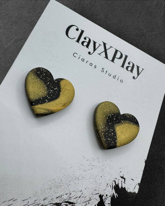 Black & Gold Polymer Clay Heart Stud Earrings – Medium Handmade