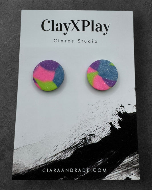 Multi Color‎ Purple Green Blue Round Clay Stud Earrings Handmade Handcrafted