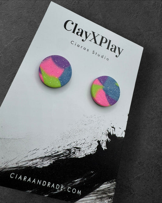 Multi Color‎ Purple Green Blue Round Clay Stud Earrings Handmade Handcrafted