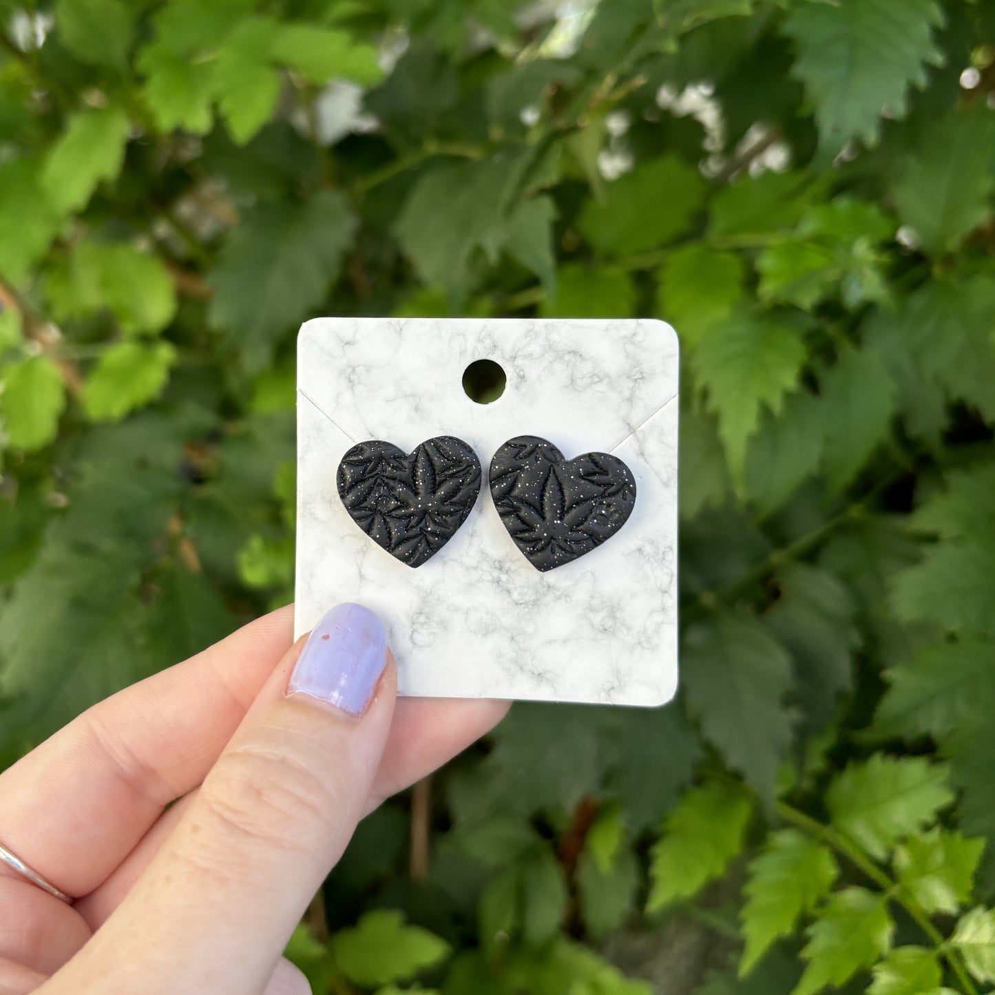 Medicated 420 Medium Black Polymer Clay Heart Stud Earrings Handmade