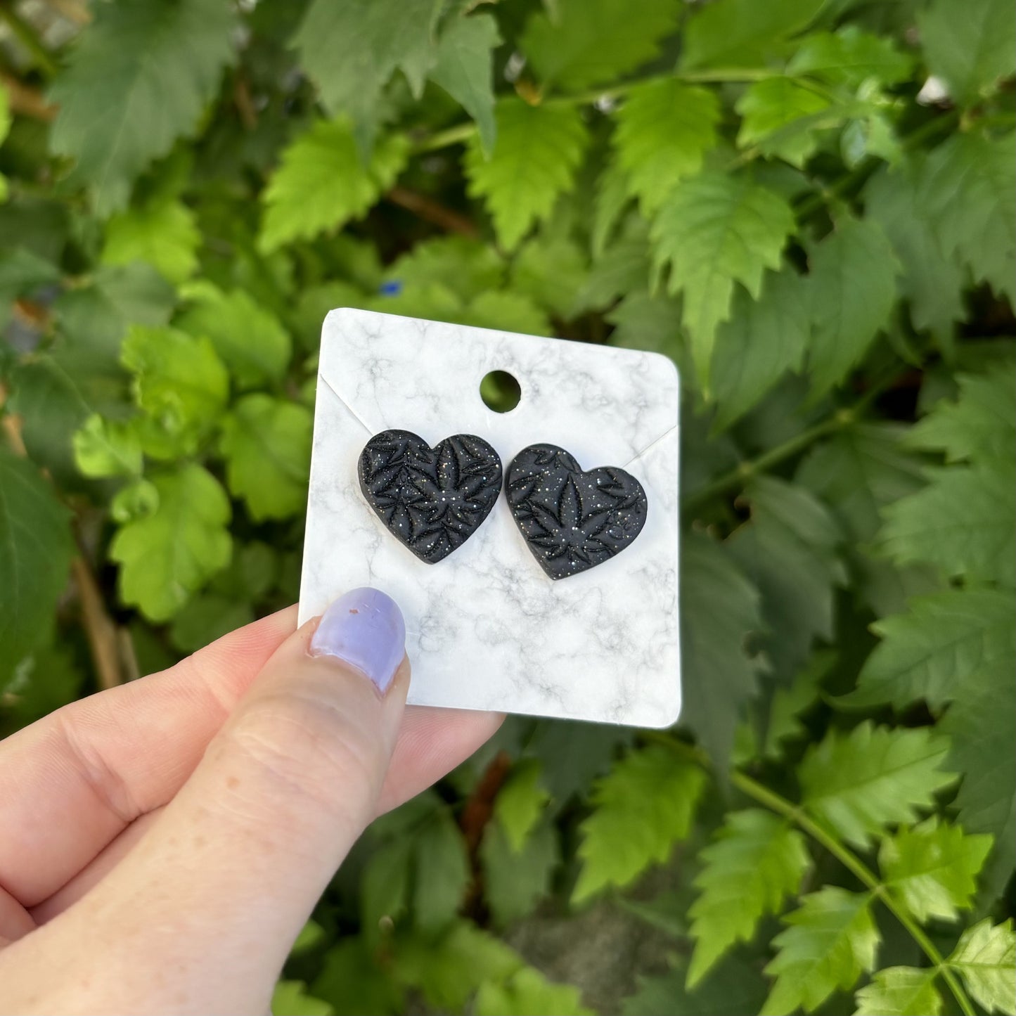 Medicated 420 Medium Black Polymer Clay Heart Stud Earrings Handmade