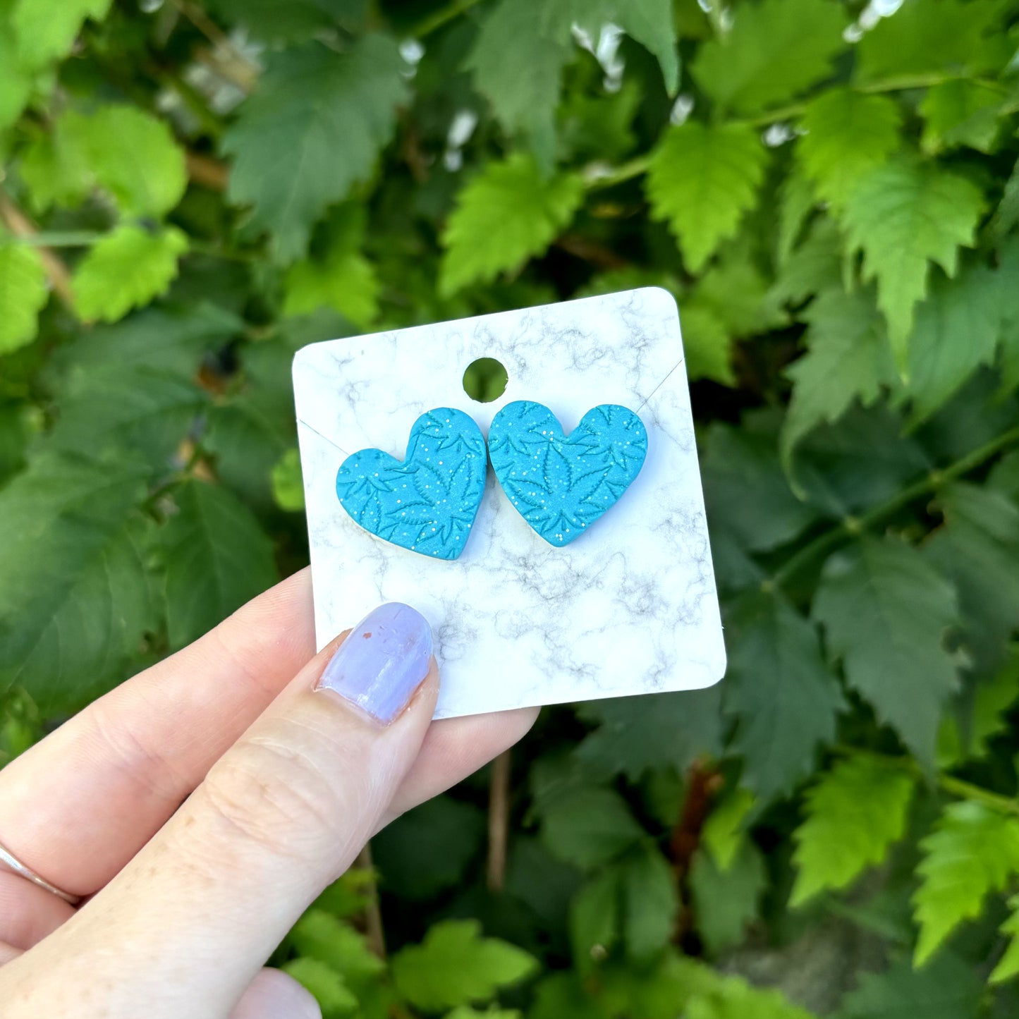 Medicated 420 Medium Blue Polymer Clay Heart Stud Earrings Handmade