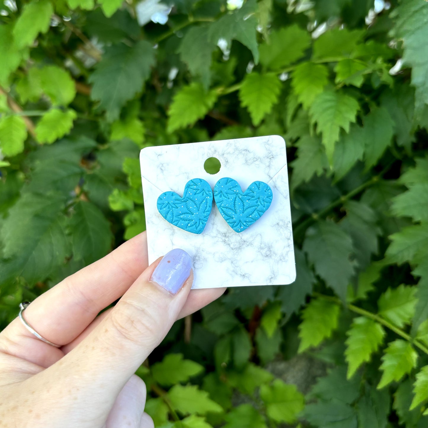 Medicated 420 Medium Blue Polymer Clay Heart Stud Earrings Handmade