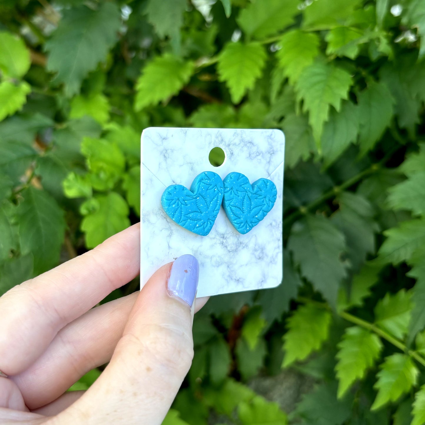 Medicated 420 Medium Blue Polymer Clay Heart Stud Earrings Handmade