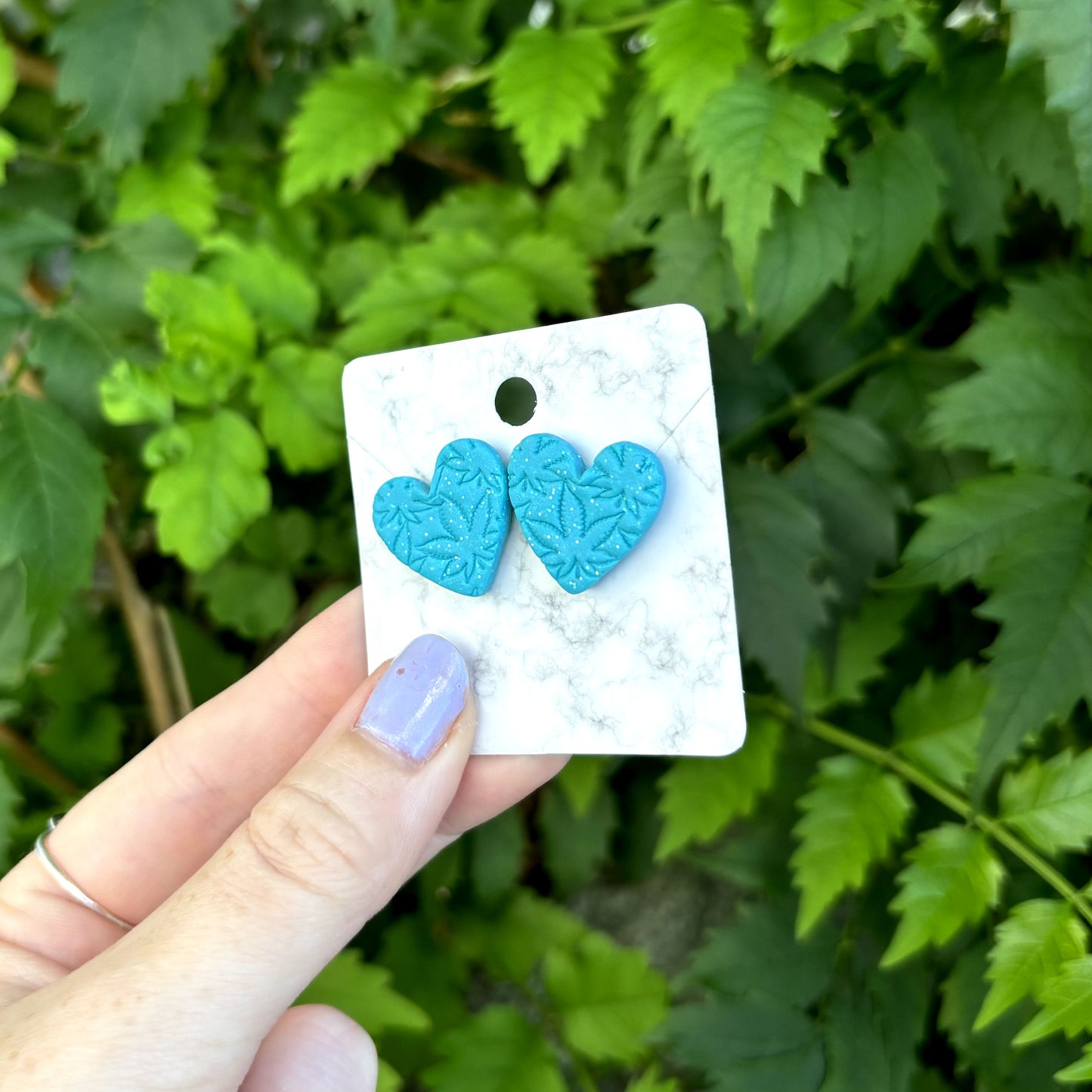 Medicated 420 Medium Blue Polymer Clay Heart Stud Earrings Handmade