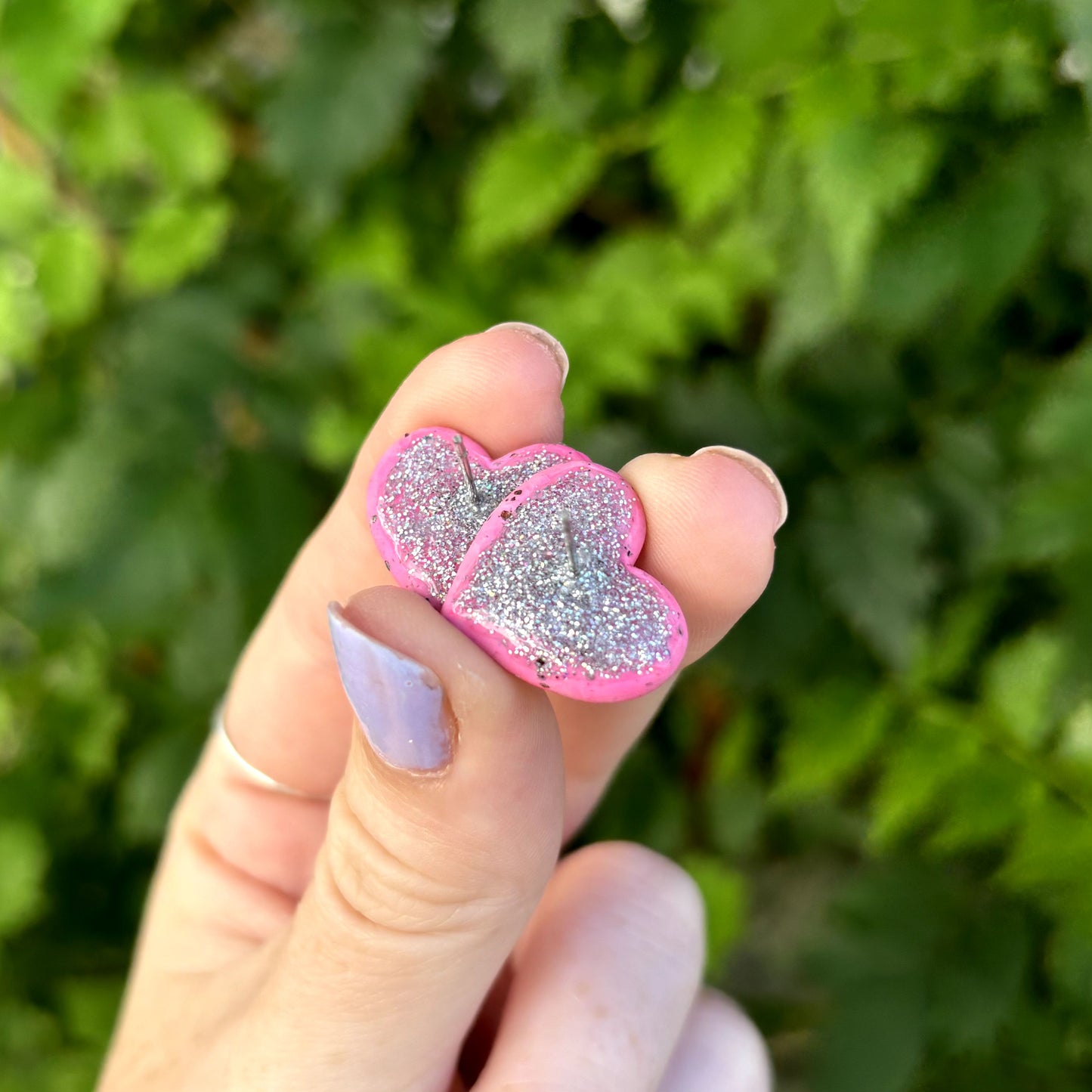 Pink & Gray Medium Polymer Clay Heart Studs Handmade