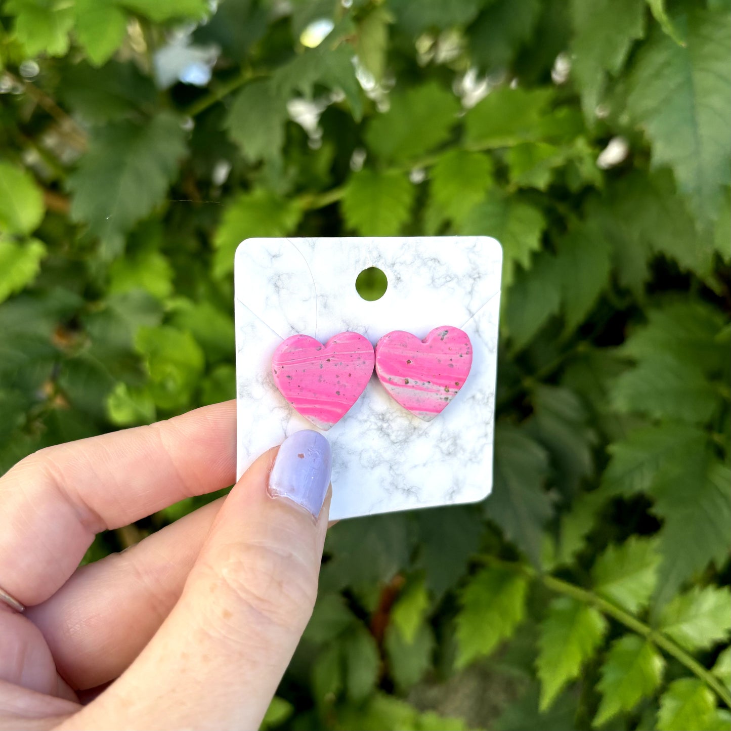 Pink & Gray Medium Polymer Clay Heart Studs Handmade